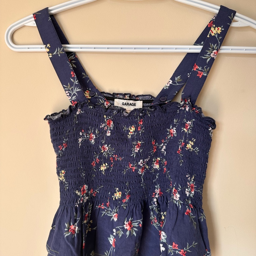 Garage Navy Floral Smocked Tank Top